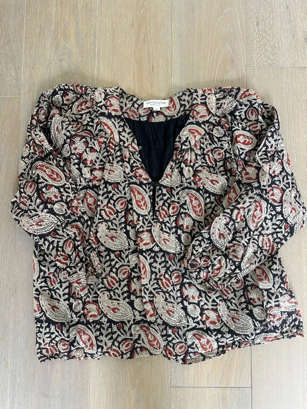 Emerson Fry Black Paisley Print V-Neck Blouse with Red and Cream Accents - Picture 2 of 4